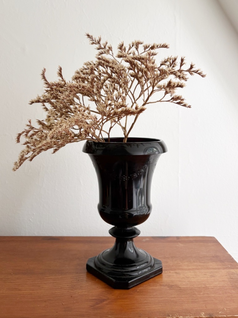 Vintage Black Glass Embossed Urn Vase